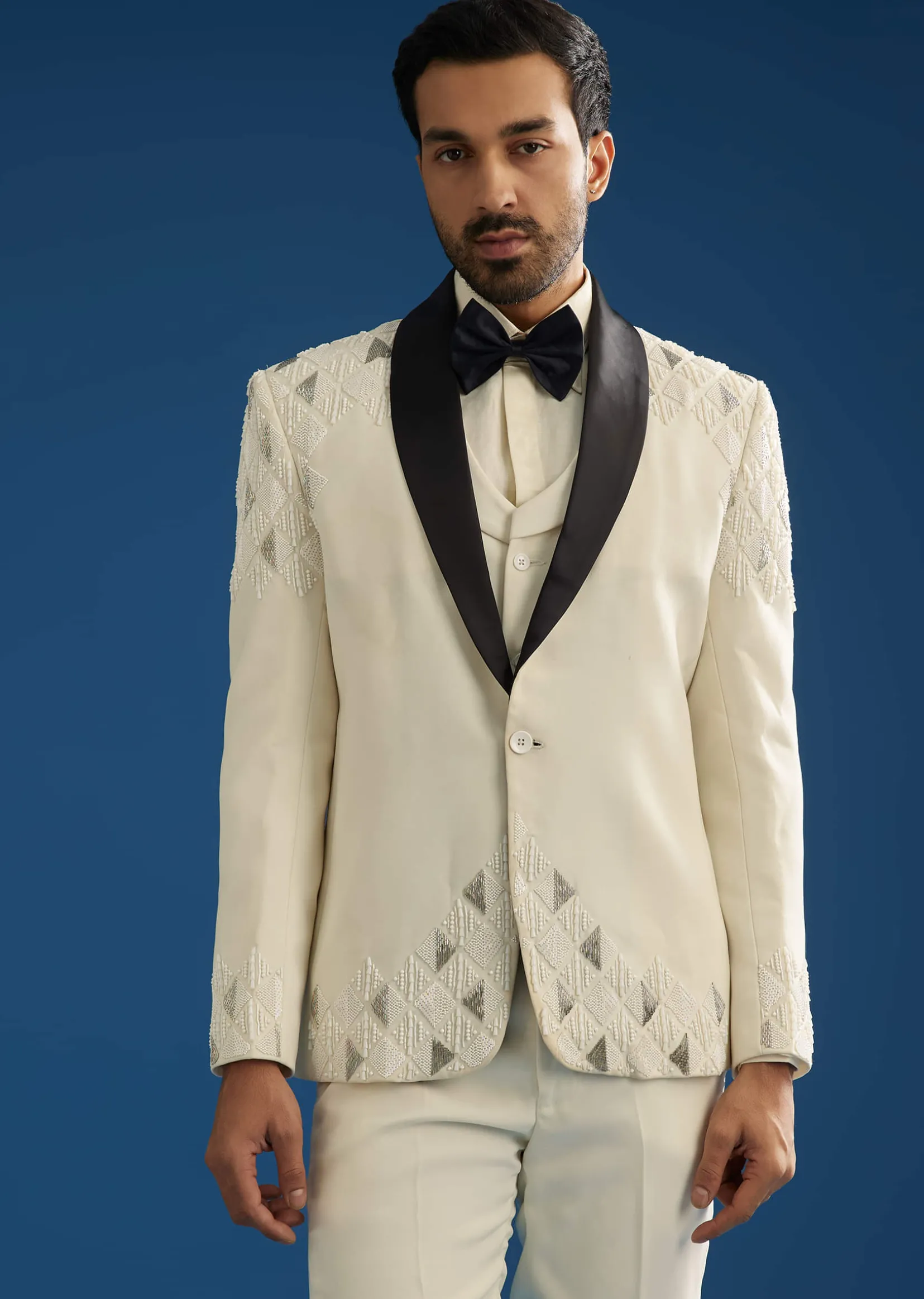 Off White Suiting Blazer Set With Beads And Cutdana Embroidery