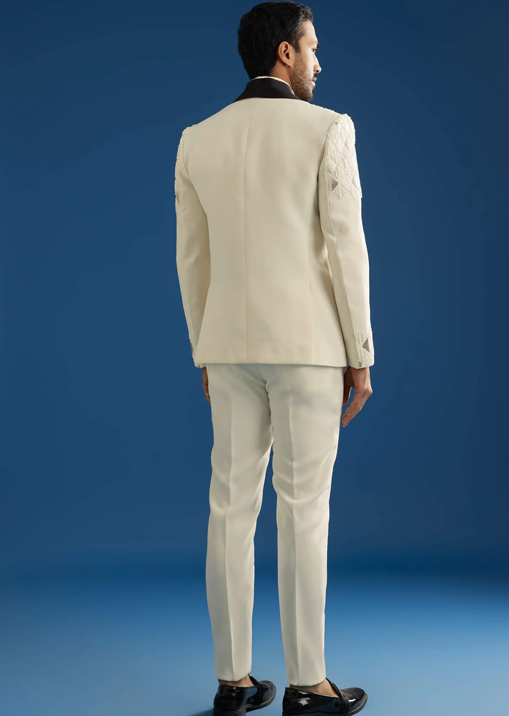 Off White Suiting Blazer Set With Beads And Cutdana Embroidery