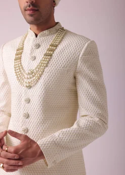 Off White Thread Embroidered Sherwani Set In Georgette