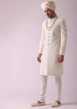 Off White Thread Embroidered Sherwani Set In Georgette