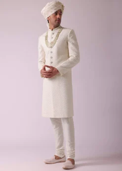 Off White Thread Embroidered Sherwani Set In Georgette