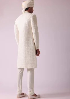 Off White Thread Embroidered Sherwani Set In Georgette