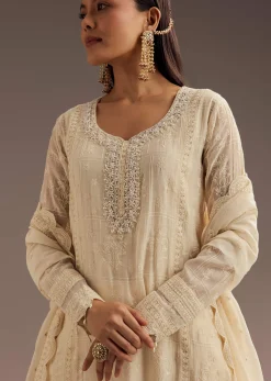 Off White Thread Motiwork Chanderi Kurta Dupatta Set