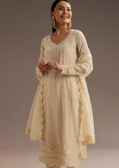 Off White Thread Motiwork Chanderi Kurta Dupatta Set