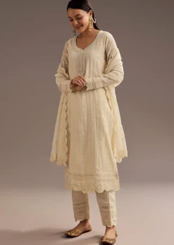 Off White Thread Motiwork Chanderi Kurta Dupatta Set