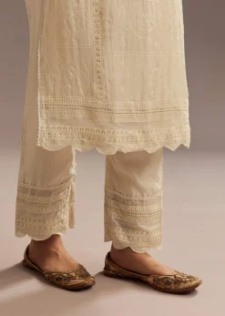 Off White Thread Motiwork Chanderi Kurta Dupatta Set