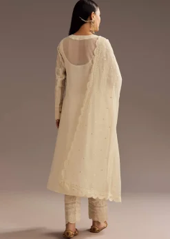 Off White Thread Motiwork Chanderi Kurta Dupatta Set