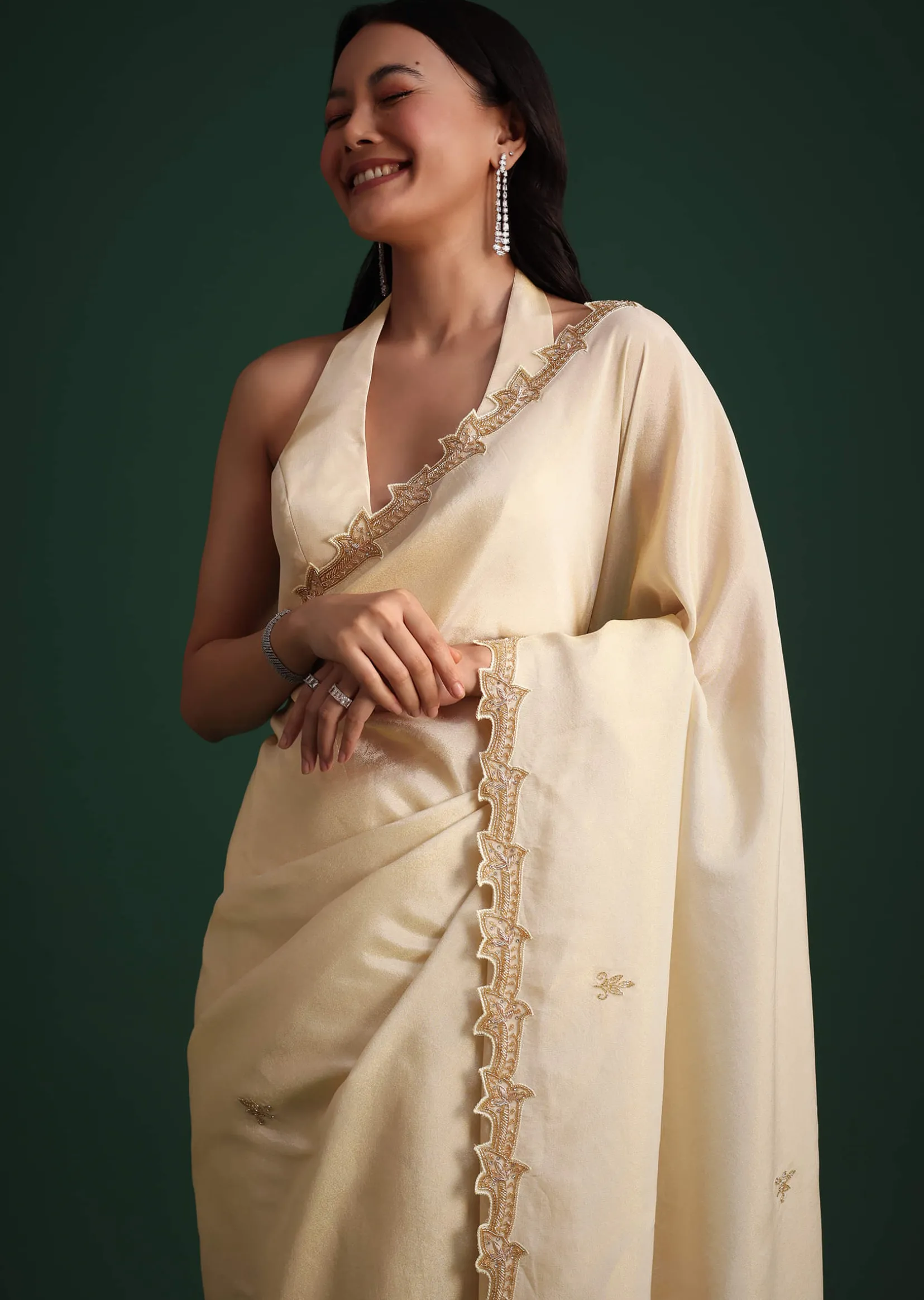 Off White Tissue Cutdana Saree With Cutwork Border
