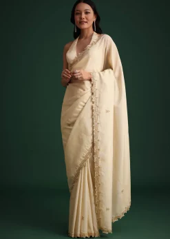 Off White Tissue Cutdana Saree With Cutwork Border