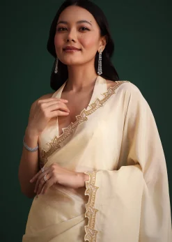 Off White Tissue Cutdana Saree With Cutwork Border