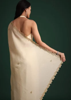 Off White Tissue Cutdana Saree With Cutwork Border