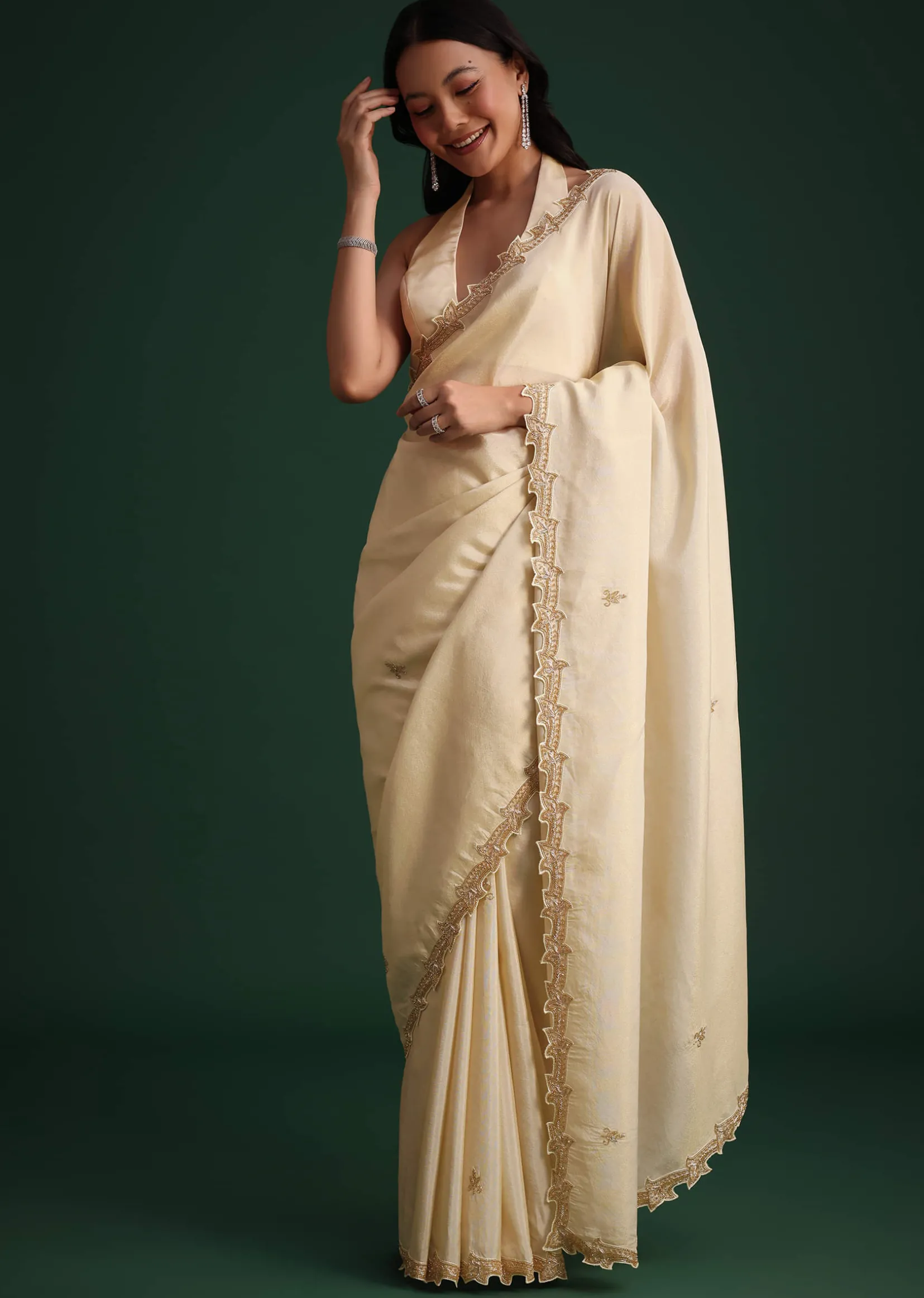 Off White Tissue Cutdana Saree With Cutwork Border
