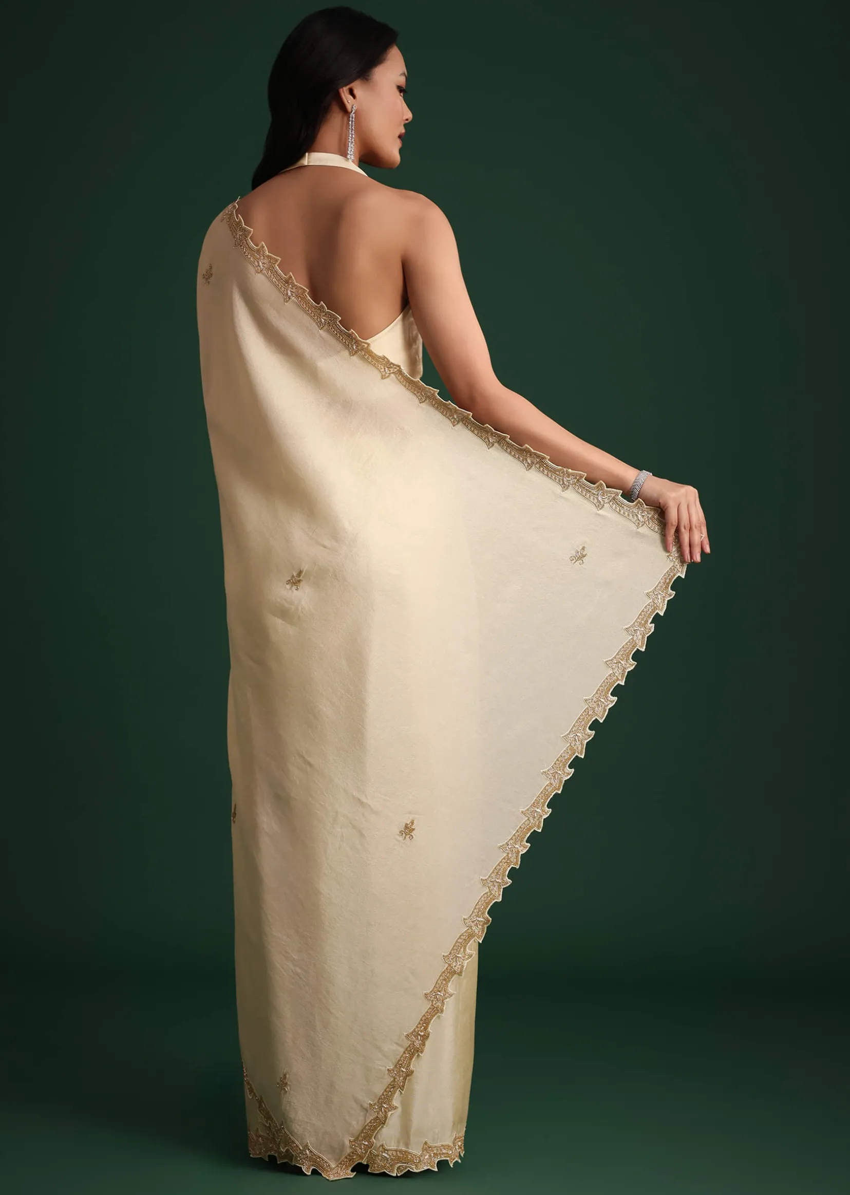 Off White Tissue Cutdana Saree With Cutwork Border