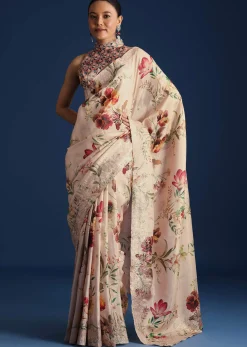 Off White Tissue Muslin Printed Saree With Pitta Work