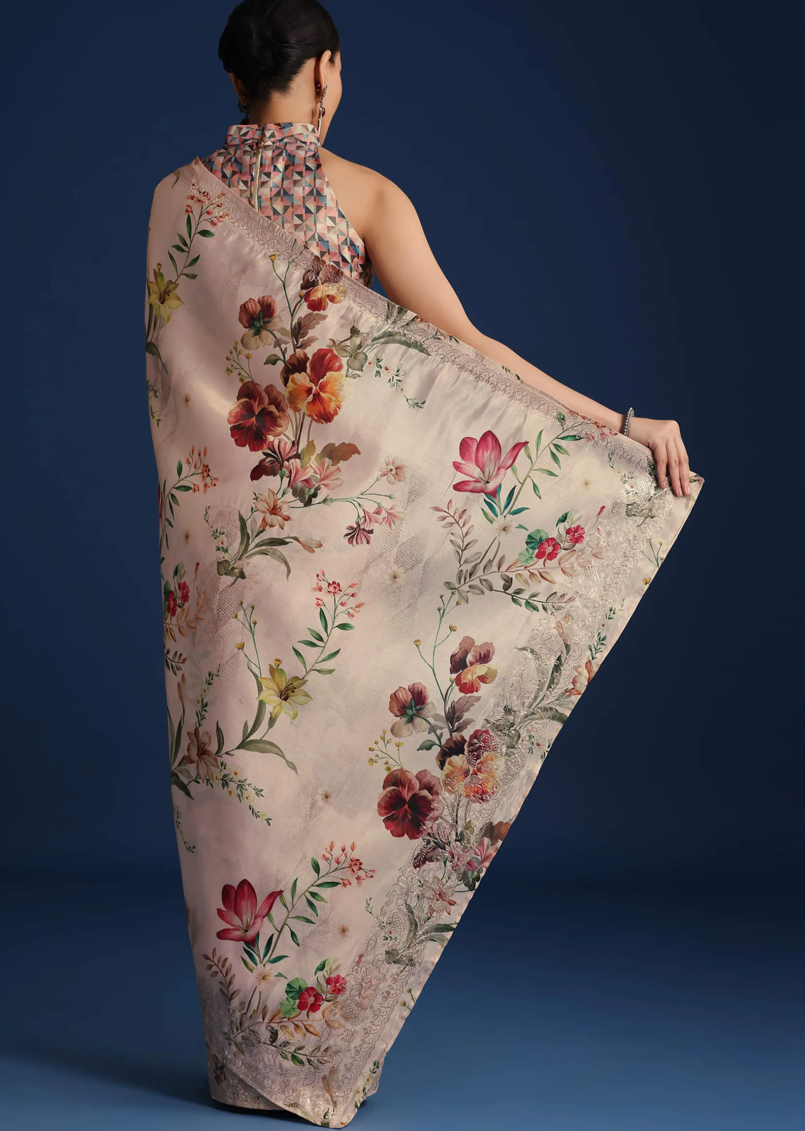 Off White Tissue Muslin Printed Saree With Pitta Work