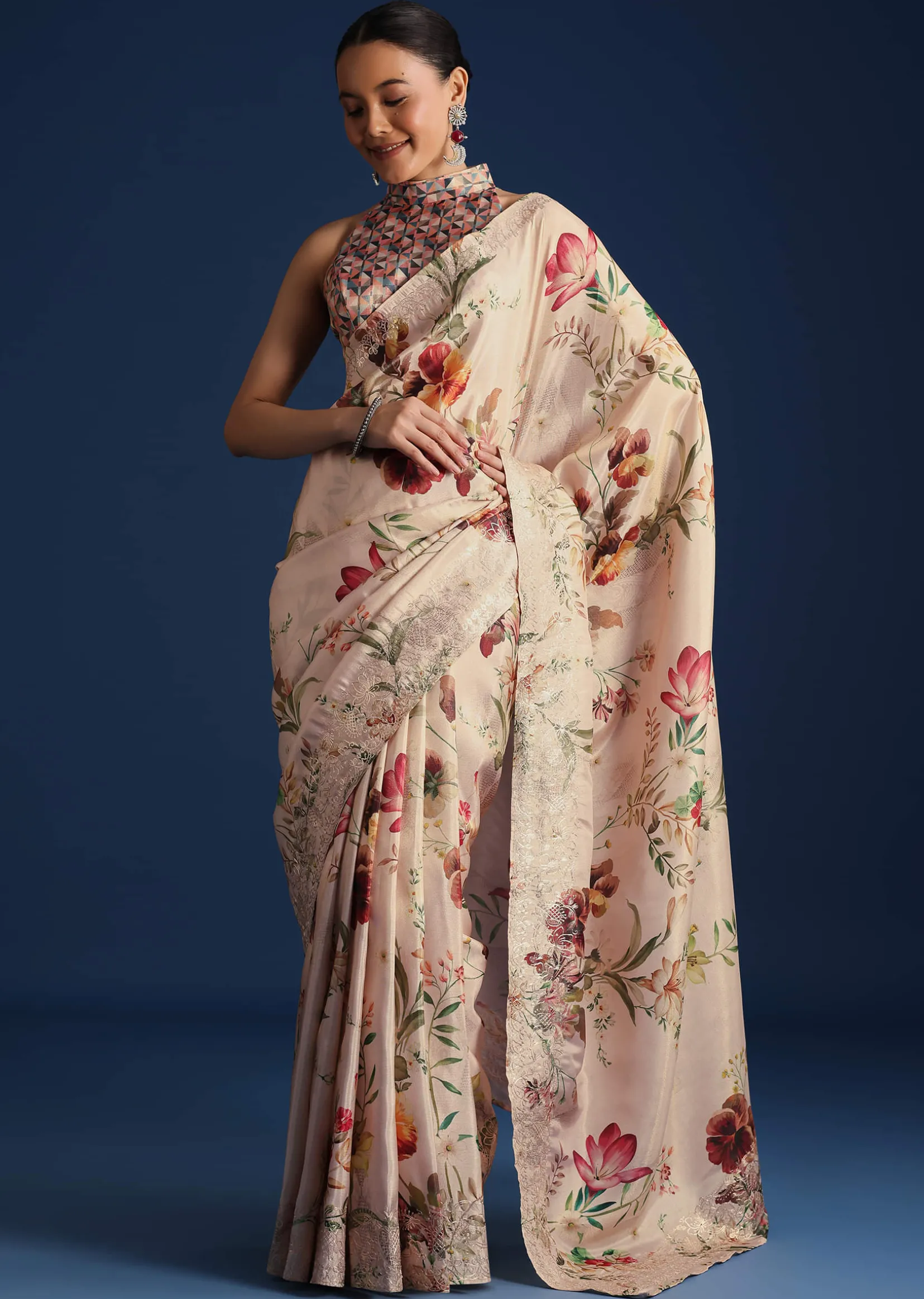 Off White Tissue Muslin Printed Saree With Pitta Work
