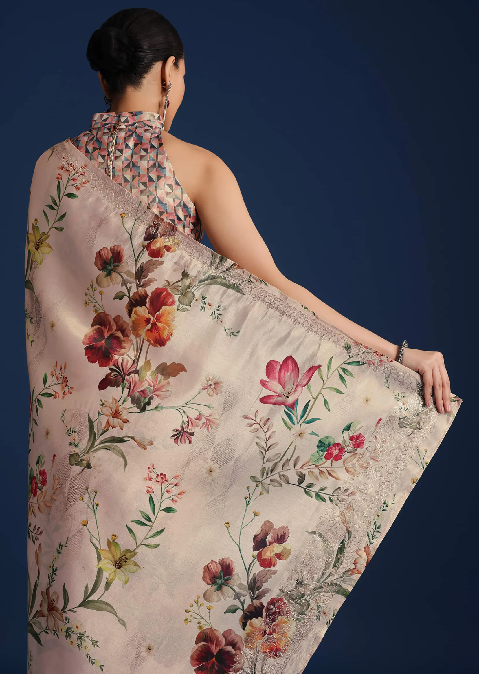 Off White Tissue Muslin Printed Saree With Pitta Work