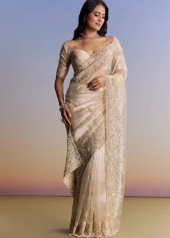 Off White Tissue Saree With Cutdana Floral Embroidery
