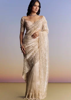 Off White Tissue Saree With Cutdana Floral Embroidery