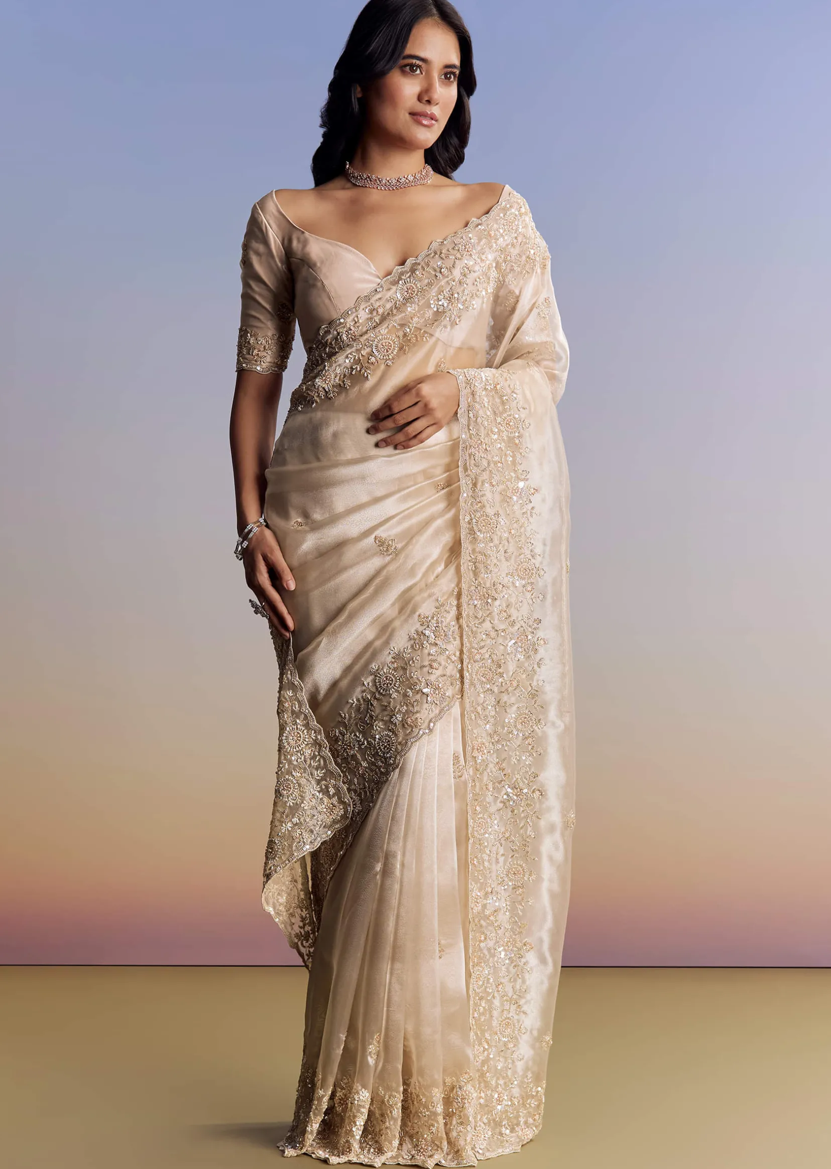 Off White Tissue Saree With Cutdana Floral Embroidery
