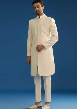 Off White Tussar Groomsman Sherwani Suit With Hand Embroidery