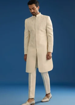 Off White Tussar Groomsman Sherwani Suit With Hand Embroidery