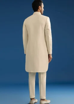 Off White Tussar Groomsman Sherwani Suit With Hand Embroidery