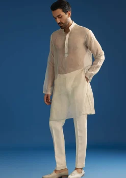 Off White Tussar Groomsman Sherwani Suit With Hand Embroidery