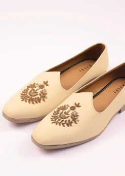 Off White Vegan Leather Jutti With Zardosi Work