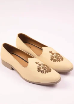 Off White Vegan Leather Jutti With Zardosi Work