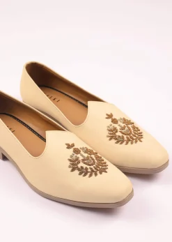 Off White Vegan Leather Jutti With Zardosi Work