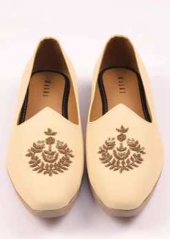 Off White Vegan Leather Jutti With Zardosi Work
