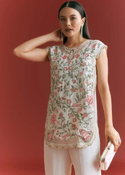Off White Viscose Silk Short Kurta Set With Resham Work