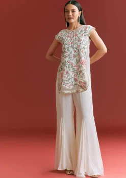 Off White Viscose Silk Short Kurta Set With Resham Work