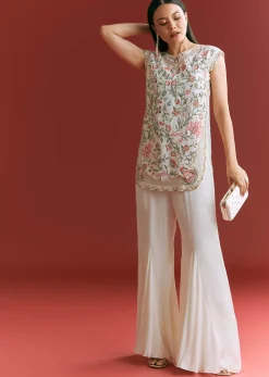 Off White Viscose Silk Short Kurta Set With Resham Work