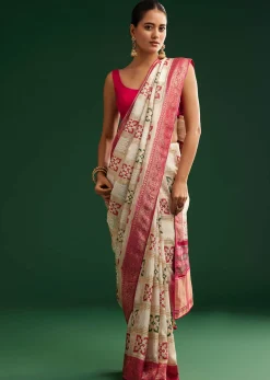 Off White Zari Dola Silk Saree With Checked Woven Motif