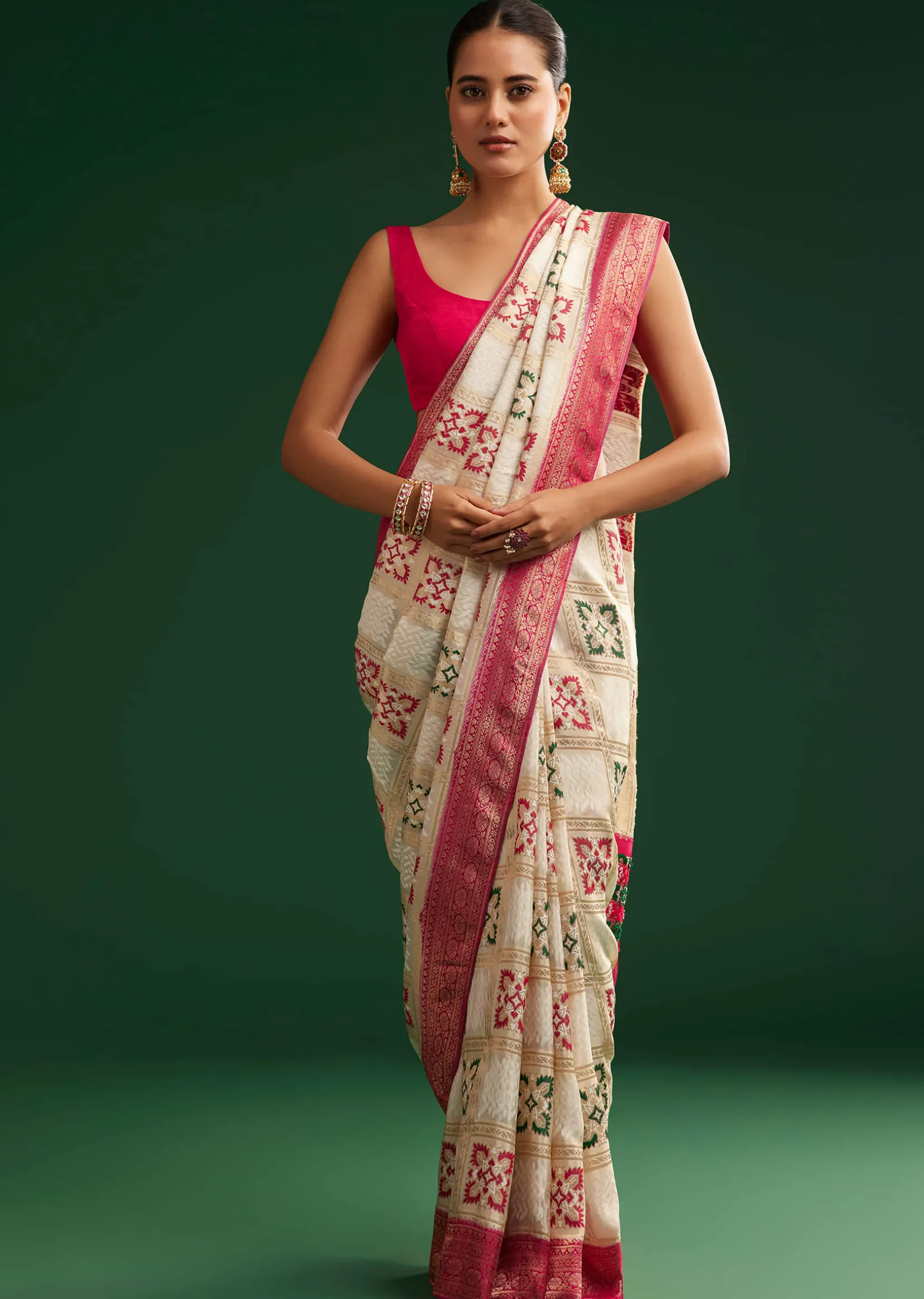Off White Zari Dola Silk Saree With Checked Woven Motif