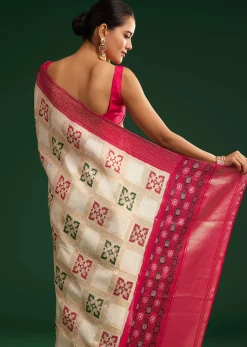 Off White Zari Dola Silk Saree With Checked Woven Motif