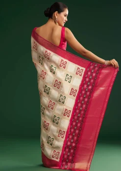 Off White Zari Dola Silk Saree With Checked Woven Motif