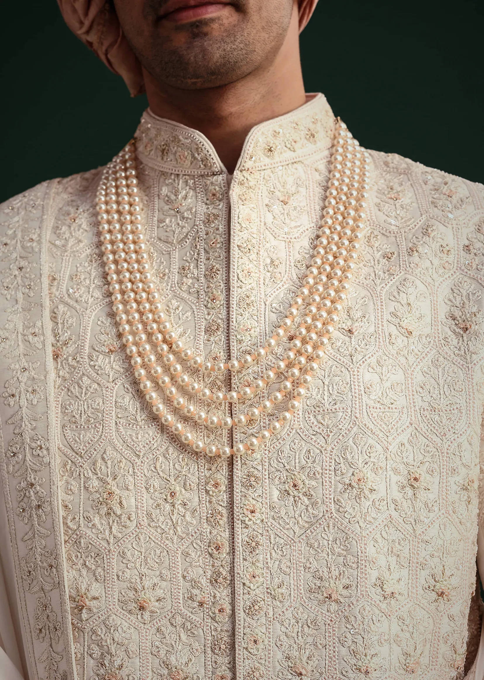 Off White Zari Embroidered Sherwani Set With Mala And Dupatta
