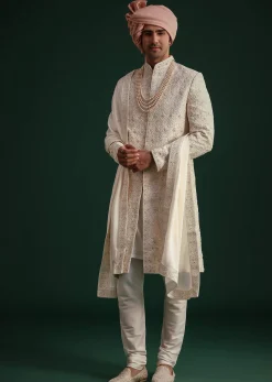 Off White Zari Embroidered Sherwani Set With Mala And Dupatta