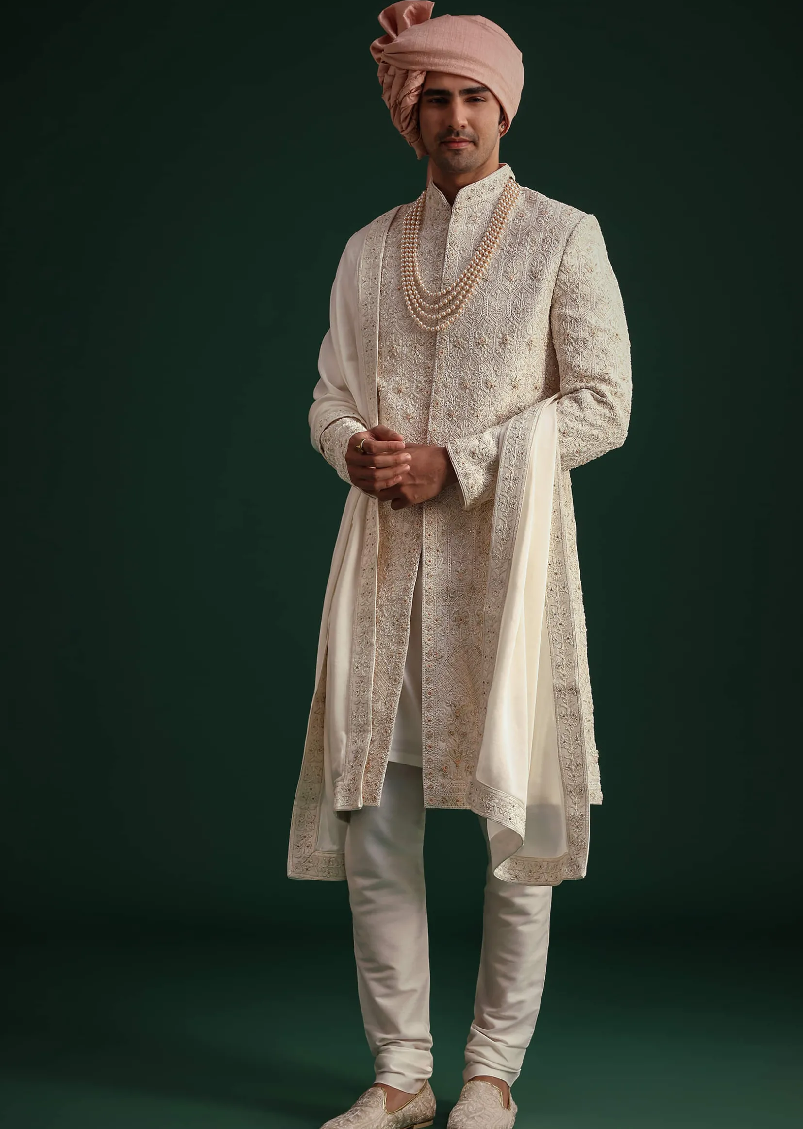 Off White Zari Embroidered Sherwani Set With Mala And Dupatta