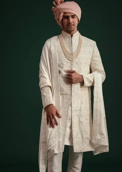 Off White Zari Embroidered Sherwani Set With Mala And Dupatta