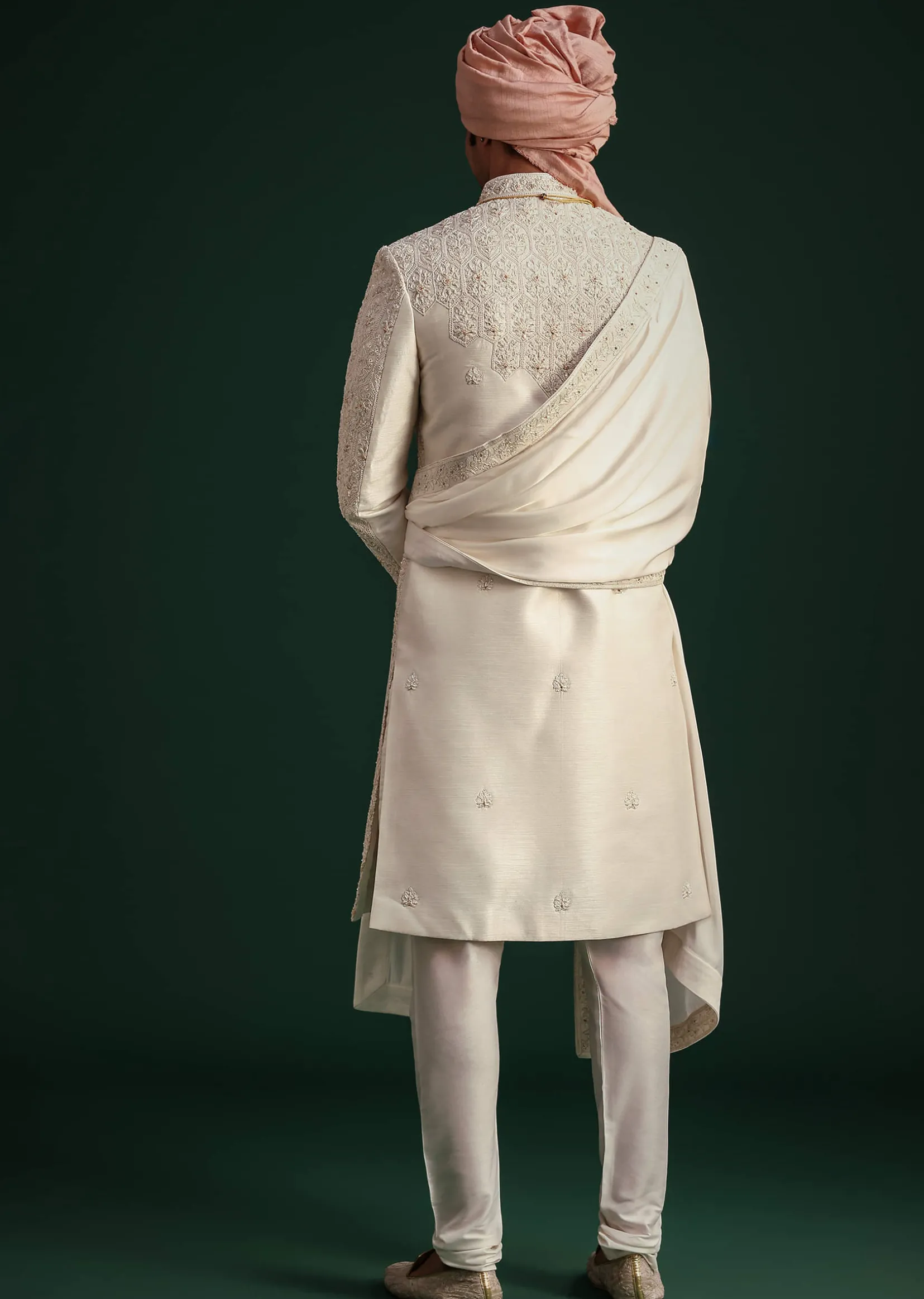 Off White Zari Embroidered Sherwani Set With Mala And Dupatta