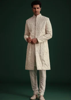 Off White Zari Embroidered Sherwani Set With Mala And Dupatta