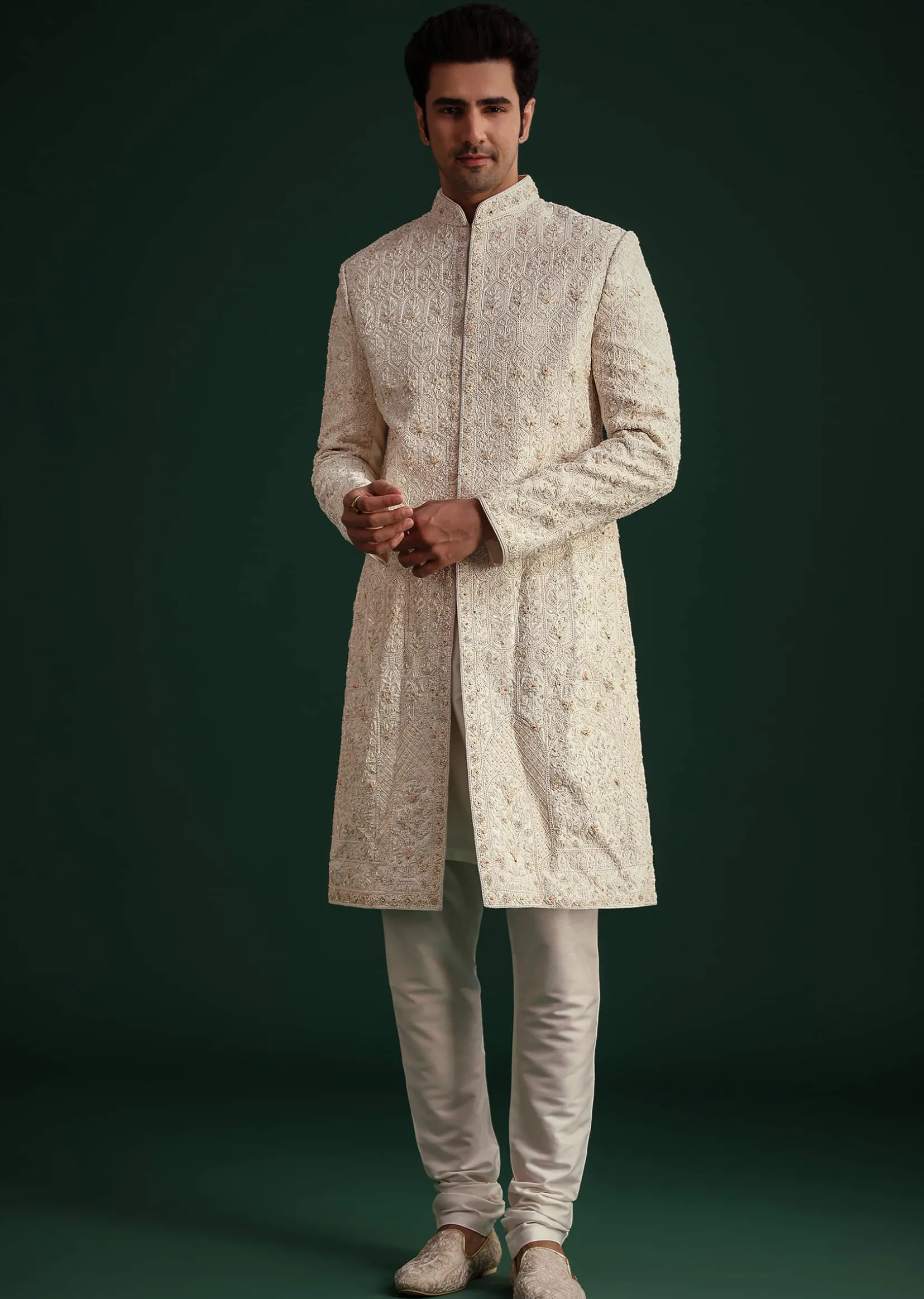 Off White Zari Embroidered Sherwani Set With Mala And Dupatta