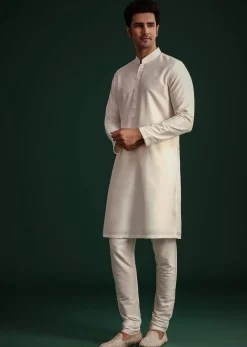 Off White Zari Embroidered Sherwani Set With Mala And Dupatta