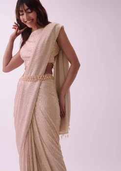 Off-White Saree And Stitched Blouse With Hanging Crystals