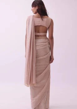 Off-White Saree And Stitched Blouse With Hanging Crystals