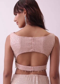 Off-White Saree And Stitched Blouse With Hanging Crystals
